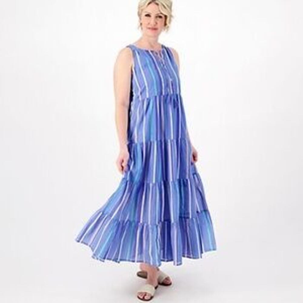 Destination 365 QVC Blue Stripe Tiered Sleeveless Breezy Cotton Maxi Dress